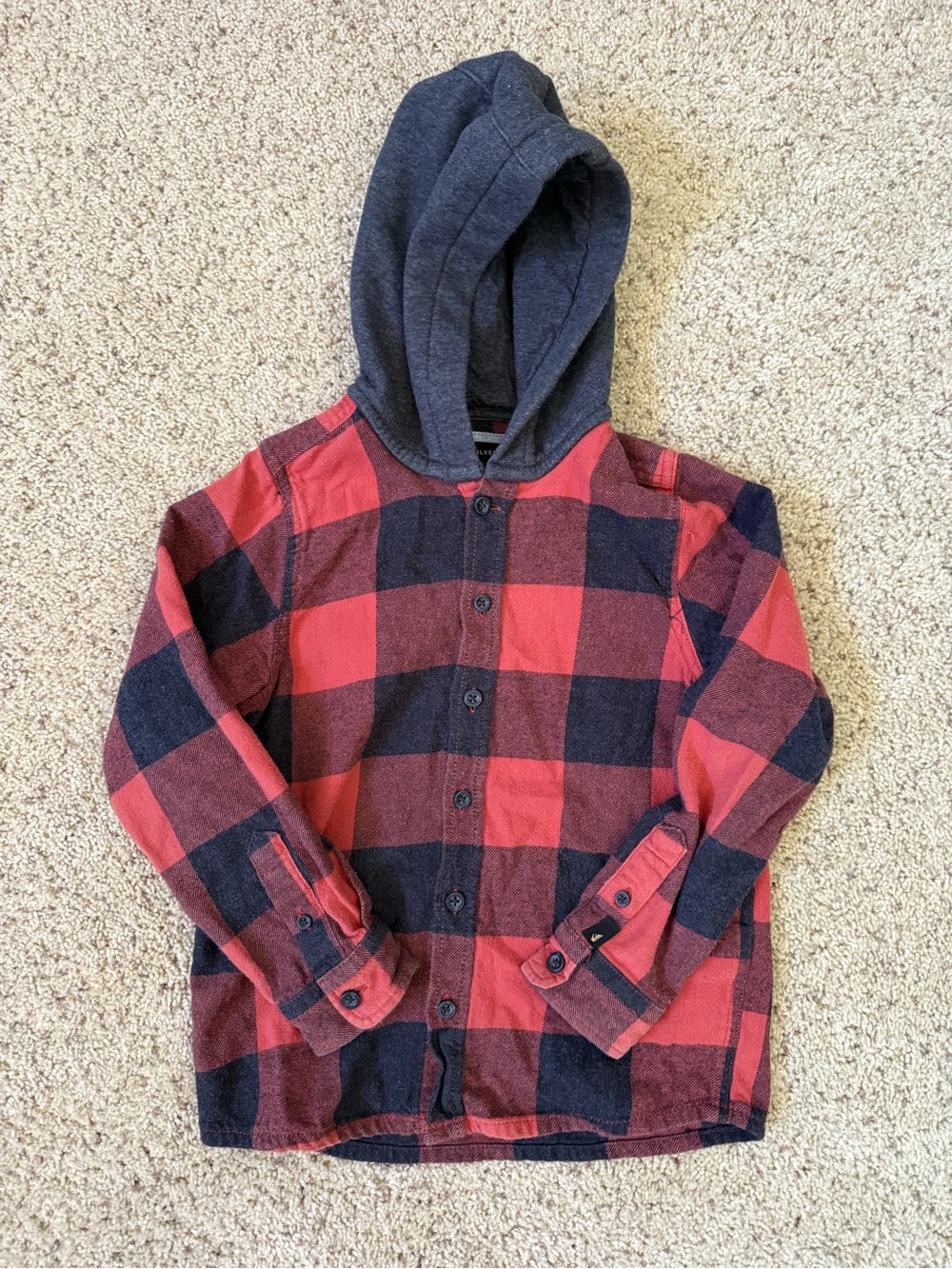 Quiksilver Red and Black Plaid Button-Down Hooded Shirt